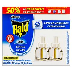 Repelente Raid Elétrico Líquido 45 Noites Anti Mosquitos Ap. + 2 Refis 32,9ml | 50% De Desconto No 2º Refil